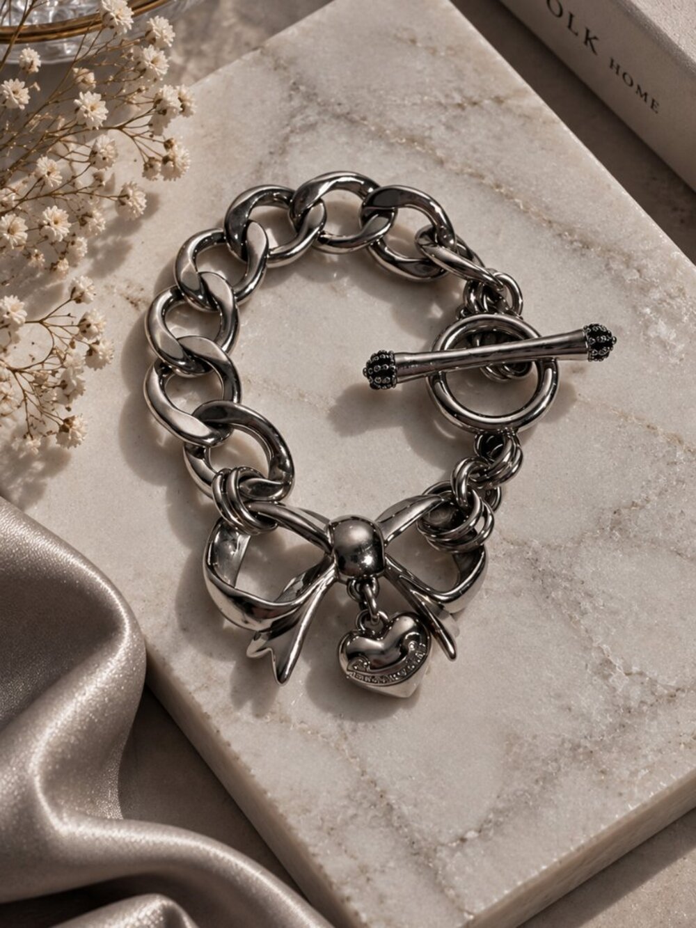 Juicy Couture Silver Bow Heart Charm Chunky Chain Toggle Bracelet Y2K